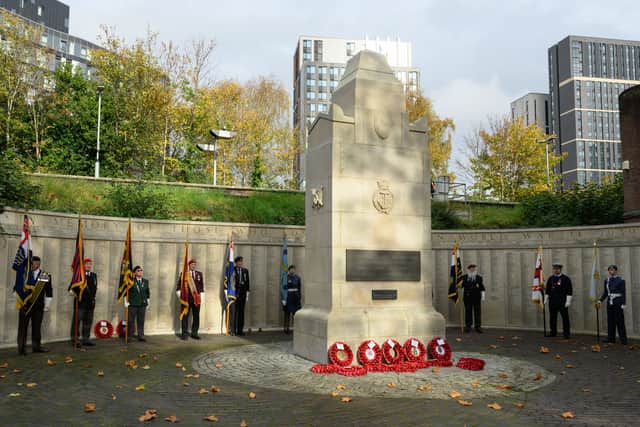 Pictured is: Standards bearers at the memorial to Portsmouth's Civilian deaths during WWII.