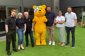 L-R: Joshua, Lynda, Dai Hill, Pudsey, Nick Knowles, Richard Driffield and Danielle Percival
