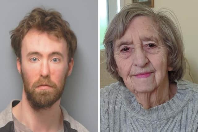 Joshua Powell, L, has been sentenced to life in prison after murdering his grandma Emma Finch, R, and setting fire to her house.