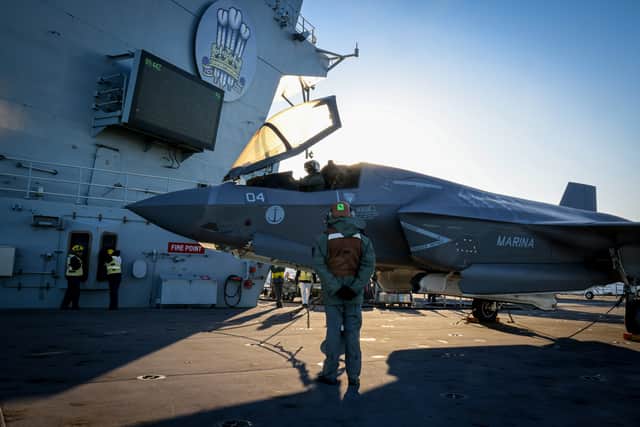 Italian F-35B Jet preparing to depart HMS Prince of Wales after conducting NEPTUNE STRIKE.