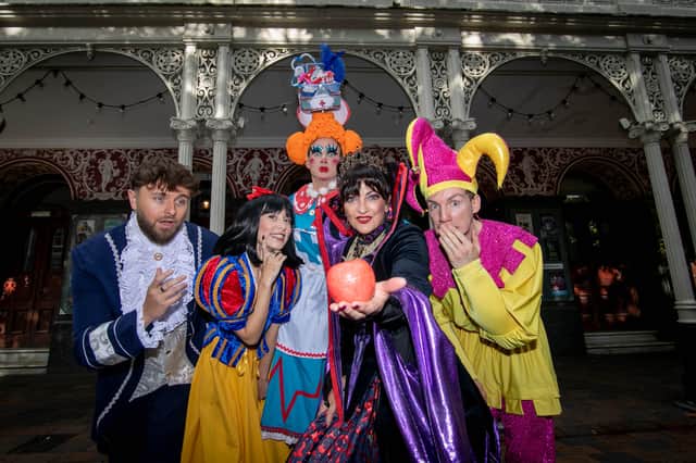 Snow White Panto at the New Theatre Royal, Portsmouth. Pictured: Wicked Queen - Julia Worsley, Nurse Nelly - Harry Howle, Snow White - Sophie-Rose Emery, Prince Charming - Darcy James and Muddles - Christian James
Picture: Habibur Rahman