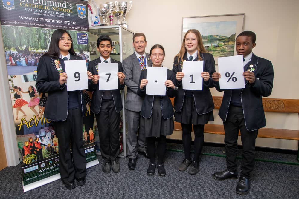 St Edmund's School, in Portsmouth, is one of 36 new Attendance and Behaviour Hubs across the country as part of the Dept of Education's roadmap to improve attendance.


Pictured: Head teacher, Simon Graham with pupils Ressabela 14, Benedict 14, Alfreda 15, Rebecca 15 and Adebisi 14 with the school attendance record at St Edmund's School. 


Picture: Habibur Rahman