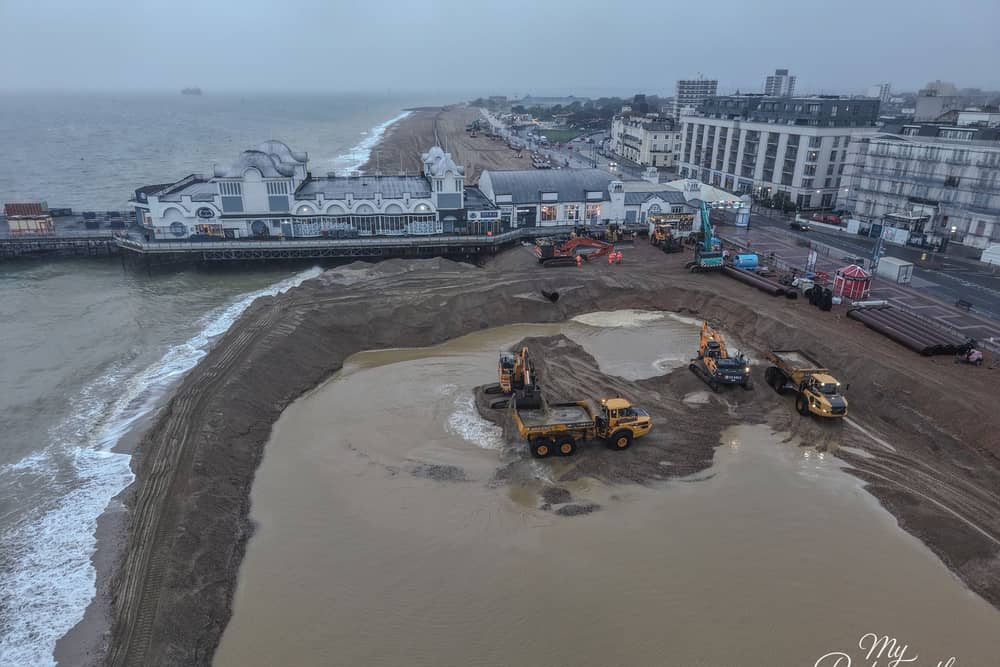Re-shingling work well underway at Southsea Beach as part of the sea defence works