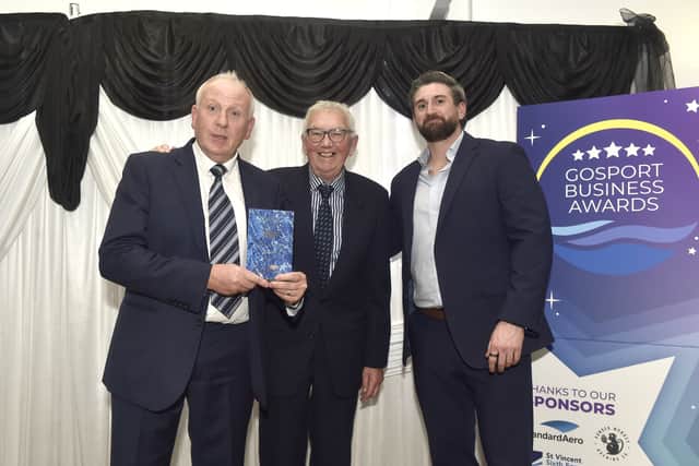 The Gosport Business Awards took place on Thursday, November 27, 2025, in the Jervis Gallery at St Vincent College in Gosport.
Pictured is: (right) Dave Steer from StandardAero with (left and middle) Jonathan Moore and Vaughan Bidewell from Montserrat Events CIC, winners of the Overall Business of the Year Award.
Picture: Sarah Standing (271125-3081)