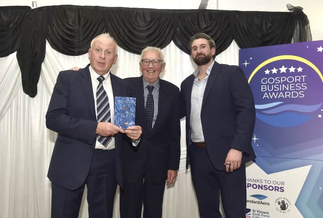 Montserrat Events CIC, took the top prize as winners of the Overall Business of the Year Award at The Gosport Business Awards 2025. Pictured is: (right) Dave Steer from StandardAero with (left and middle) Jonathan Moore and Vaughan Bidewell from Montserrat Events . Picture: Sarah Standing (271125-3081)