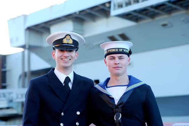 Pictured is: (right) AB1 Louis Bondsfield (21) from Swanmore, was aboard ship with Lieutenant Ben Cameron (22) from Bishop's Waltham. The two have known each other since they were two-years-old at pre-school.