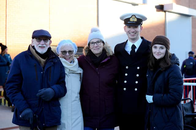 Pictured is: (second right) Lieutenant Ben Cameron (22) from Bishop's Waltham with Tony and Di Bernstein, nan and grandad, mum Tori Cameron and girlfriend Bel Tucknott.