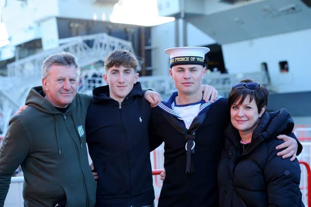 Pictured is: (second from right) AB1 Louis Bondsfield with dad Simon, brother Ollie and mum Emma.