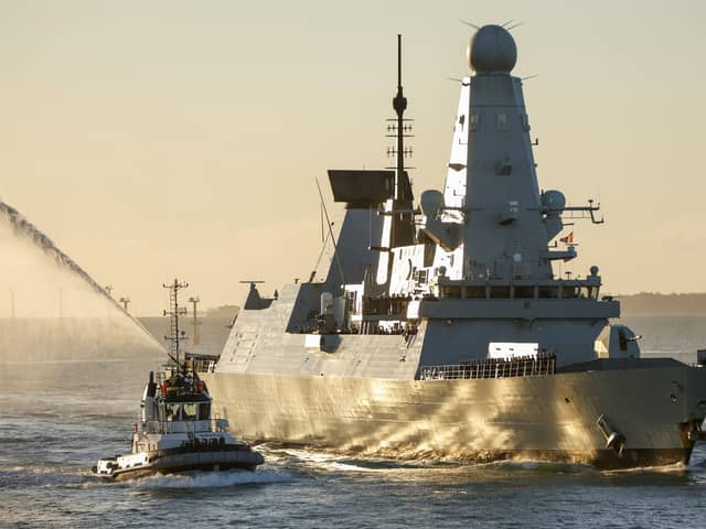 Homecoming of Daring class destroyer HMS Dauntless from the Round Tower, Portsmouth.