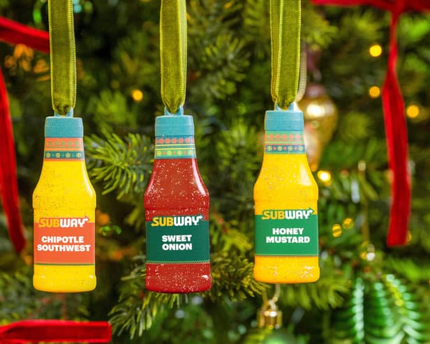 Subway are giving away sauce bottle shaped festive baubles inspired by its most popular sauces - Chipotle Southwest, Sweet Onion, and Honey Mustard.