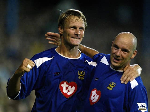 Striker Teddy Sheringham, pictured here with Steve Stone, joined Portsmouth for the 2003–04 Premier League season.
