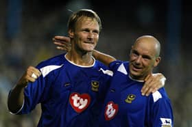 Striker Teddy Sheringham, pictured here with Steve Stone, joined Portsmouth for the 2003–04 Premier League season.