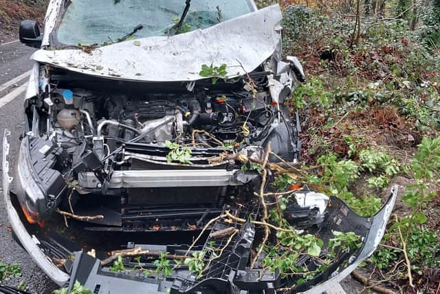 One 'lucky driver' narrowly escaped sustaining serious injuries after crashing into a fallen tree.