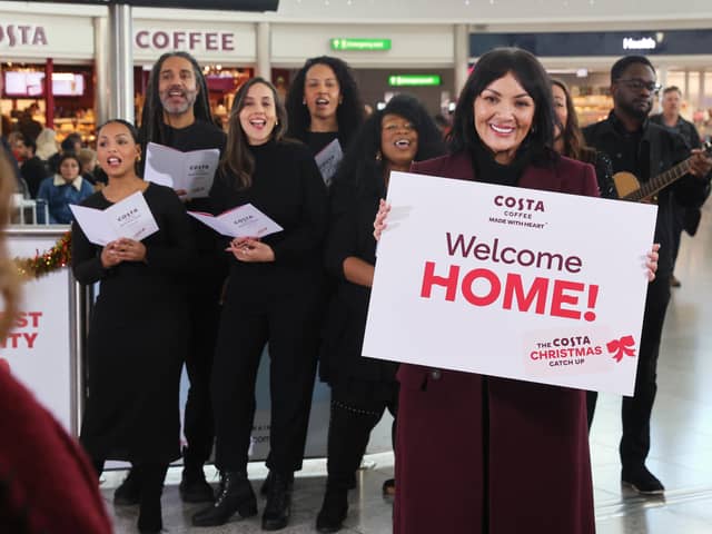 The Love Actually star joined a special welcoming committee at London’s Stansted Airport. 