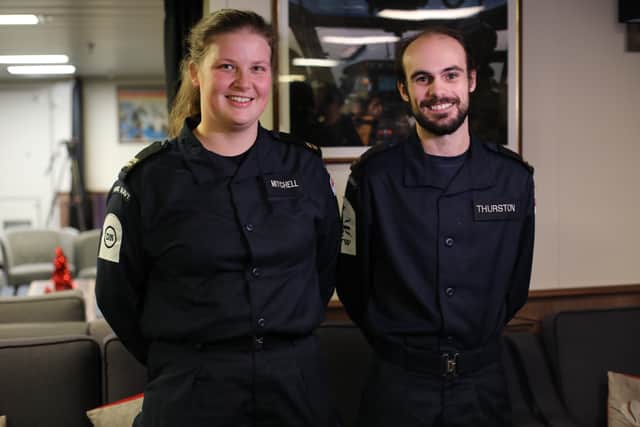 From L: AB Tamara Mitchell and AB Daniel Thurston, who both served on HMS Prince of Wales during the Carrier Strike Group deployment.