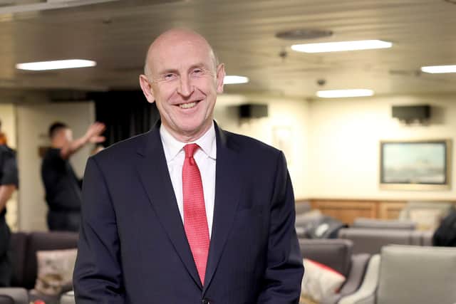 Pictured is: UK defence secretary John Healey aboard HMS Prince of Wales on December 4, 2025.
