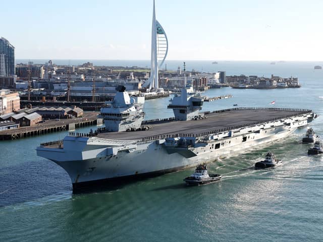The number of Royal Navy overseas training exercises are set to fall over the next four years. Pictured: HMS Prince of Wales returning home to Portsmouth.