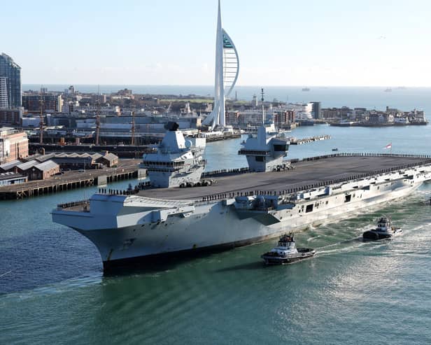 The number of Royal Navy overseas training exercises are set to fall over the next four years. Pictured: HMS Prince of Wales returning home to Portsmouth.