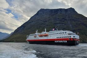Looking back at the MS Nordlys as we set out for a tour of the fjords and valleys around Alesund.