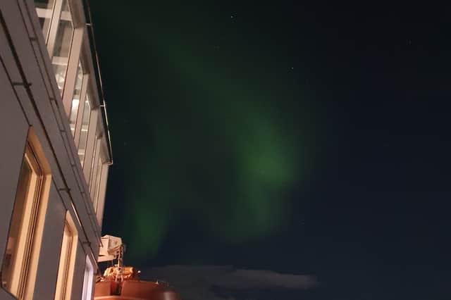 They're heeee-eeeere! A first sight of the northern lights above the bridge of the Ms Nordlys