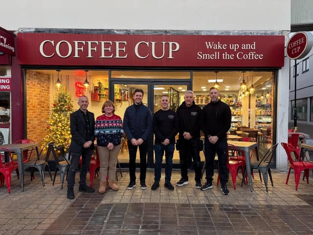 Coffee Cup opened its doors on Thursday, December 11. It is the first of two cafes opening in Waterlooville by the family run business.

Pictured: Stewart Parsons, Debbie Parsons, Mikey Parsons, Adam Parsons, Steve Parsons and Tommy Parsons. 
