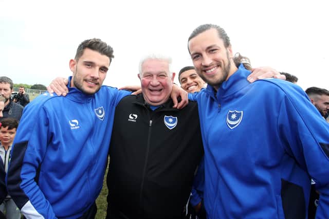 Barry Harris with Gareth Evans and Christian Burgess at Pompey's League Two title-winning celebrations on Southsea Common in May 2017. Picture: Joe Pepler