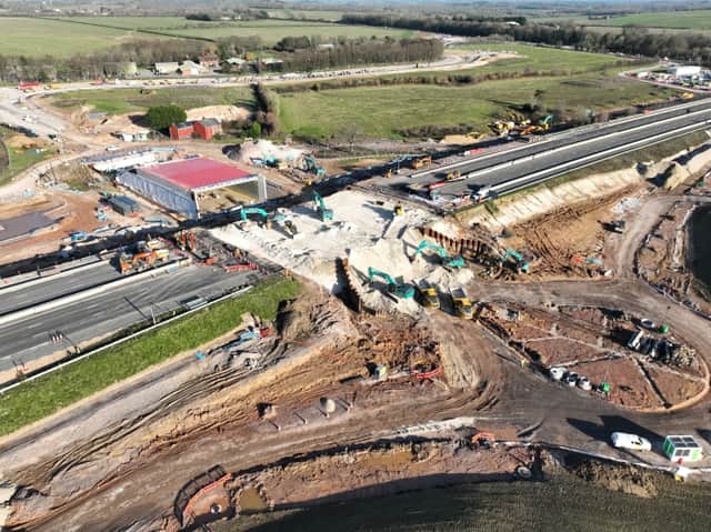 The motorway surface of the M27 has been removed as part of the junction 10 works. The preconstructed box will then be slid into place and the carriageway then reconstructed