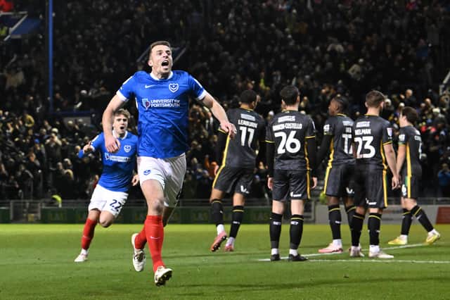 Conor Shaughnessy celebrates opening the scoring for Pompey - five minutes into his comeback from injury. Picture: Graham Hunt/ProSportsImages