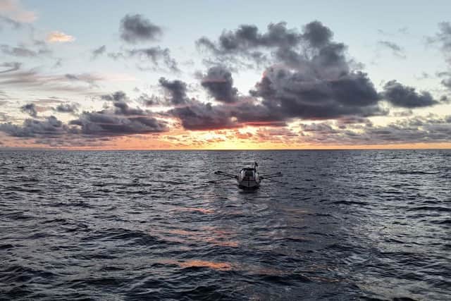 HMS Oardacious seen rowing in the mid-Atlantic.