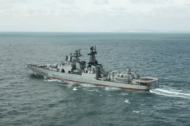 The Royal Navy has been deployed to shadow three Russian ships sailing through British waters, believed to be carrying sanctioned military hardware. Pictured is RFN Severomorsk.