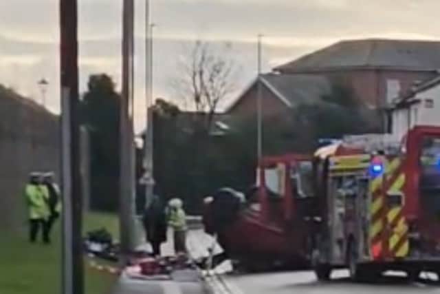 The flipped Nissan on Cromwell Road in Southsea