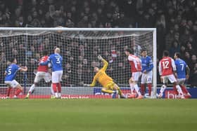 Arsenal's Gabriel Martinelli scores from a corner in the FA Cup against Arsenal. Pic: Graham Hunt/ProSportsImages
