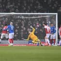 Arsenal's Gabriel Martinelli scores from a corner in the FA Cup against Arsenal. Pic: Graham Hunt/ProSportsImages