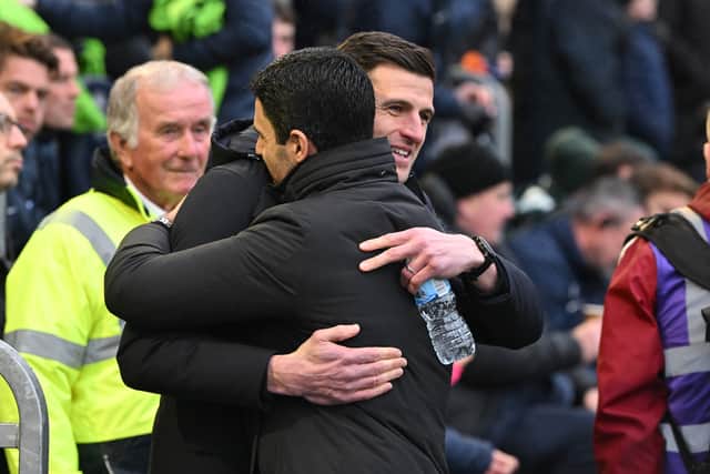 John Mousinho and Mikel Arteta at Pompey’s FA Cup clash with Arsenal. Picture: Graham Hunt/ProSportsImages