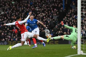 Colby Bishop opens the scoring for Pompey in the third minute of their FA Cup defeat to Arsenal. Picture: Graham Hunt/ProSportsImages