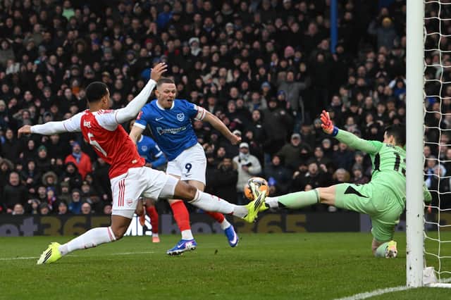 Colby Bishop opens the scoring for Pompey in the third minute of their FA Cup defeat to Arsenal. Picture: Graham Hunt/ProSportsImages