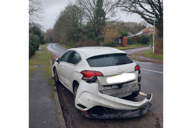 Hampshire and Isle of Wight Roads Policing Unit has shared a picture of a car with its rear bumper hanging off nafter driving down a pedestrian path.