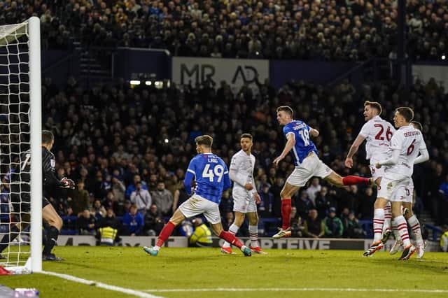 Conor Shaughnessy seals the League One title for Pompey against Barnsley in April 2024 - John Mousinho's favourite Blues game. Picture: Jason Brown/ProSportsImages