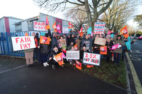 Members of the NEU on the picket line outside the Tangier Road campus of City of Portsmouth College.
