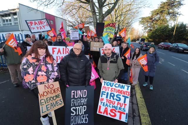Members of the NEU on the picket line outside the Tangier Road campus of City of Portsmouth College during the first industrial action this year. 
