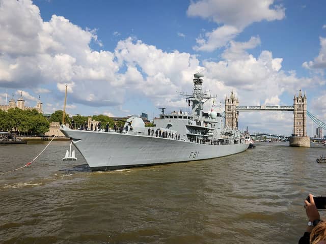 A sailor had to be evacuated from HMS Sutherland while she was docked in Plymouth Sound. Pictured: The ship passing Tower Bridge, London, earlier in 2025.