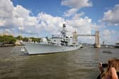 A sailor had to be evacuated from HMS Sutherland while she was docked in Plymouth Sound. Pictured: The ship passing Tower Bridge, London, earlier in 2025.