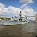 A sailor had to be evacuated from HMS Sutherland while she was docked in Plymouth Sound. Pictured: The ship passing Tower Bridge, London, earlier in 2025.