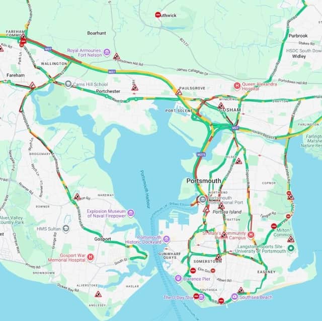 Heavy traffic in Portsmouth and Gosport as roads battered by pouring rain.
