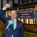 Reform UK's Paul Carter celebrates victory in the Gosport Borough Council by-election for the Bridgemary ward