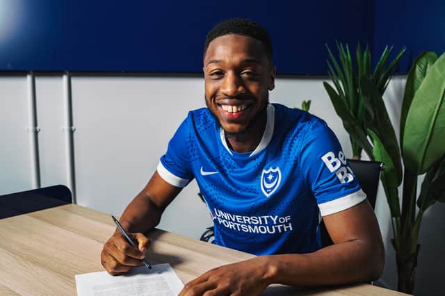 Pompey new-boy Ebou Adams signed on Friday.