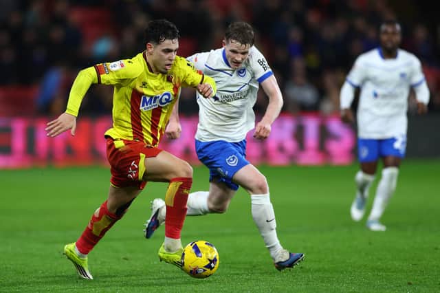 Terry Devlin gives chase in Pompey's 1-1 draw at Watford. Picture: Stephen Flynn/ProSportsImages