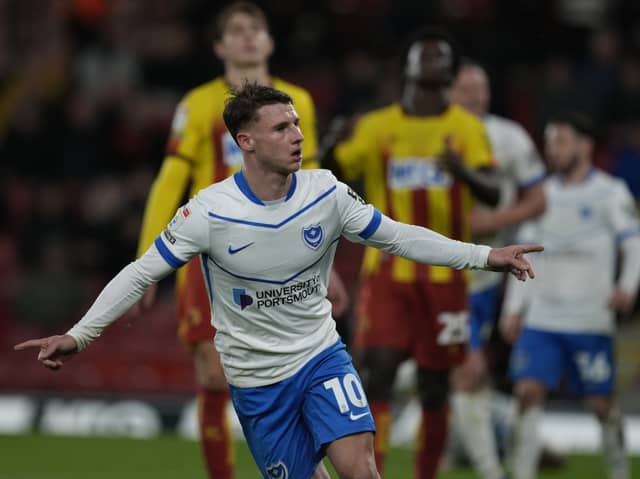 Adrian Segecic celebrates his opening goal in Pompey's 1-1 draw at Watford. Picture: Stephen Flynn/ProSportsImages