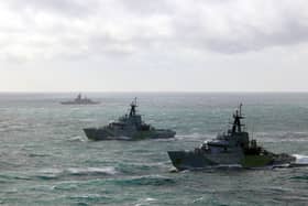 Portsmouth-based  HMS Mersey and HMS Severn shadow RFN Boikiy