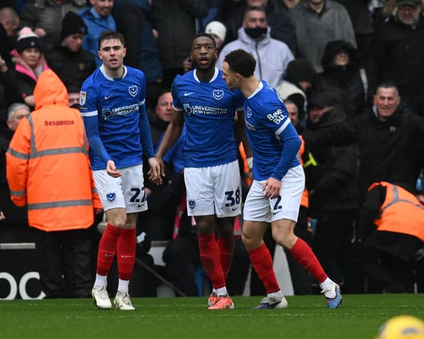 Ebou Adams celebrates his Pompey goal against Southampton today. Pic: Graham Hunt/ProSportsImages